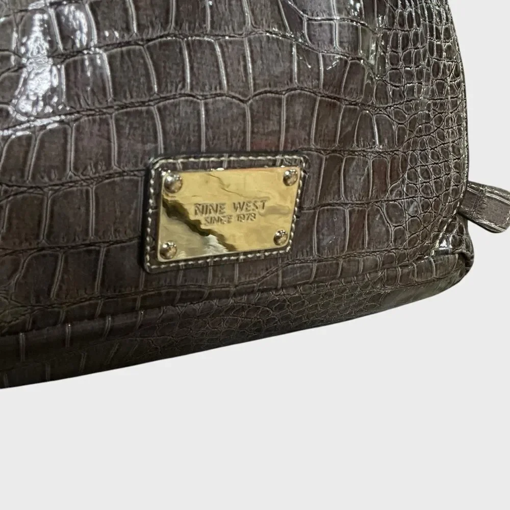 Nine West Croc Embossed Patent Tote Shoulder Bag Brown Glossy Faux Leather